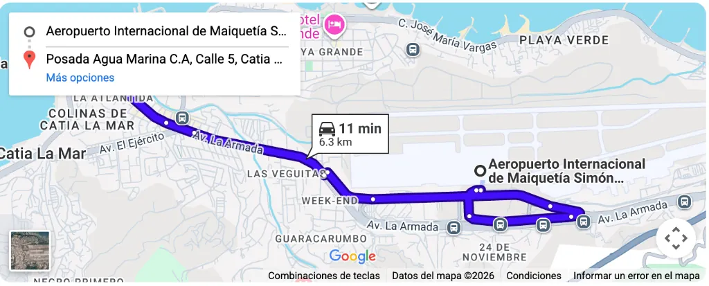 Mapa de ruta desde el aeropuerto a Posada Agua Marina